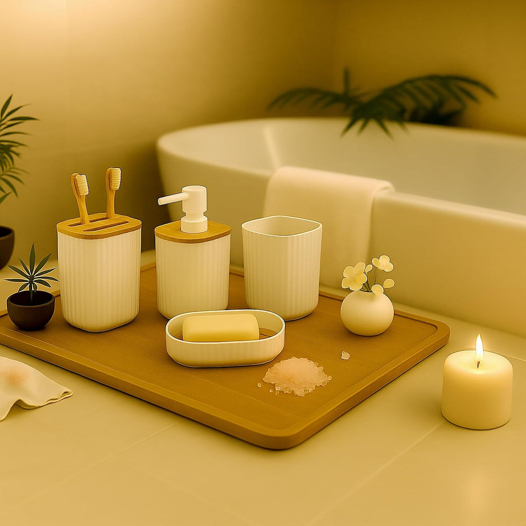 Relaxdays Badezimmer Set, 6-teilig, Badaccessoires Kunststoff & Bambus, komplettes Badzubehör-Set, B