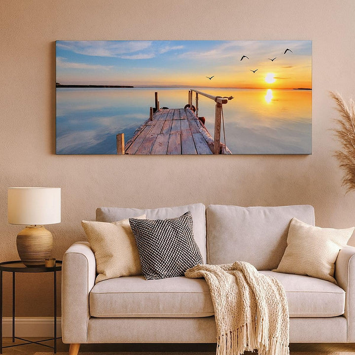 Wandbilder Dekoration Wohnzimmer See Natur Brücke Vögel Panorama Bilder auf Leinwand 120x50cm Leinwa