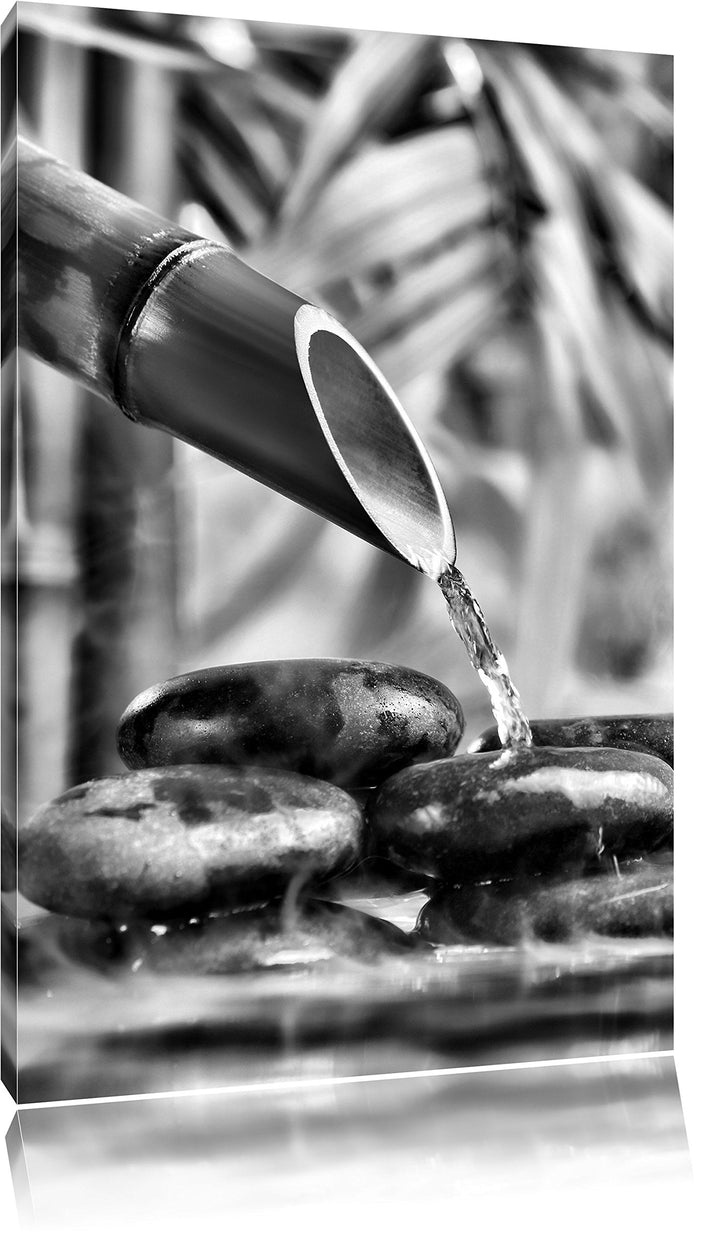 Pixxprint Monocrome, Bambusbrunnen mit Steinen, Format: 100x70 auf Leinwand, 100x70