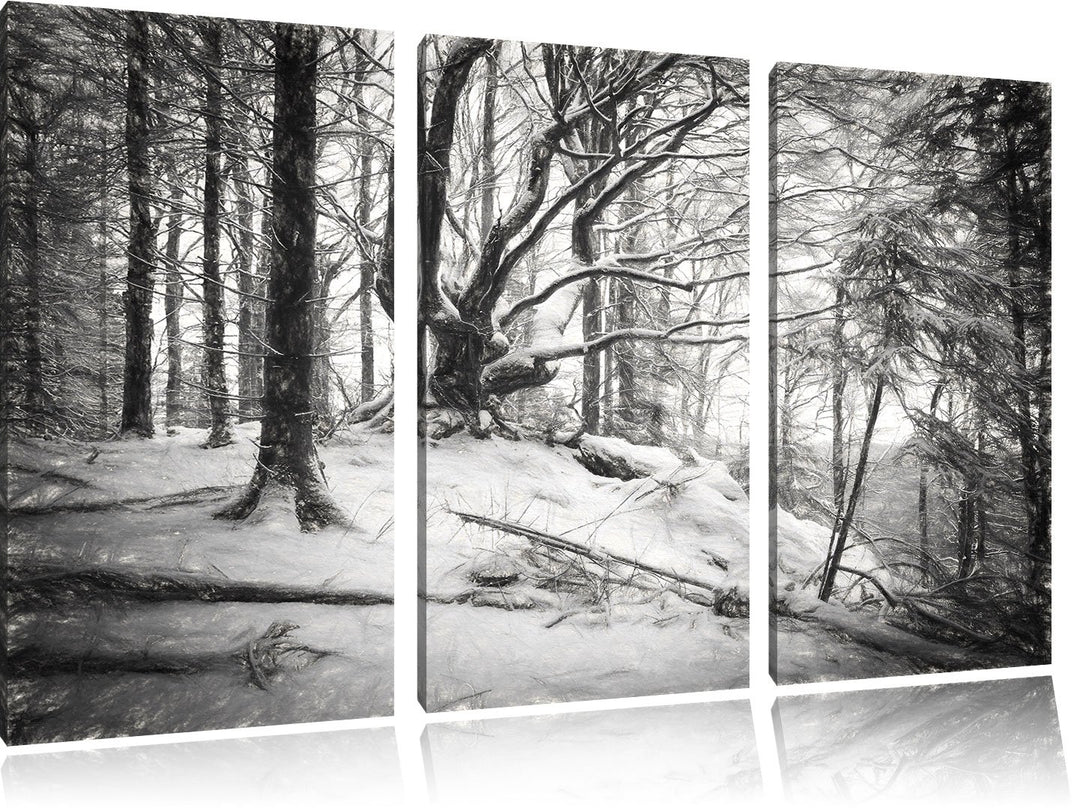 Pixxprint Wald mit Schnee bedeckt als Leinwandbild/Grösse: 3 Teilig (120x80) cm/Wandbild/Kunstdruck/