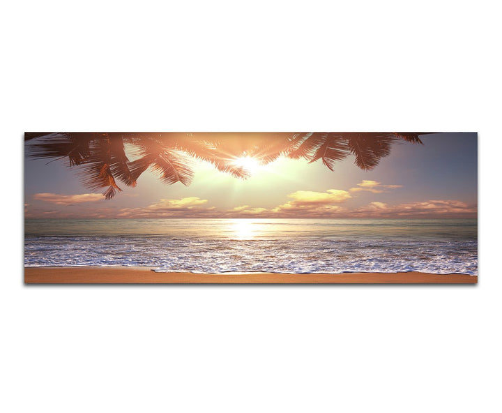 Panoramabild auf Leinwand und Keilrahmen 150x50cm Tropen Strand Meer Palme Abendsonne