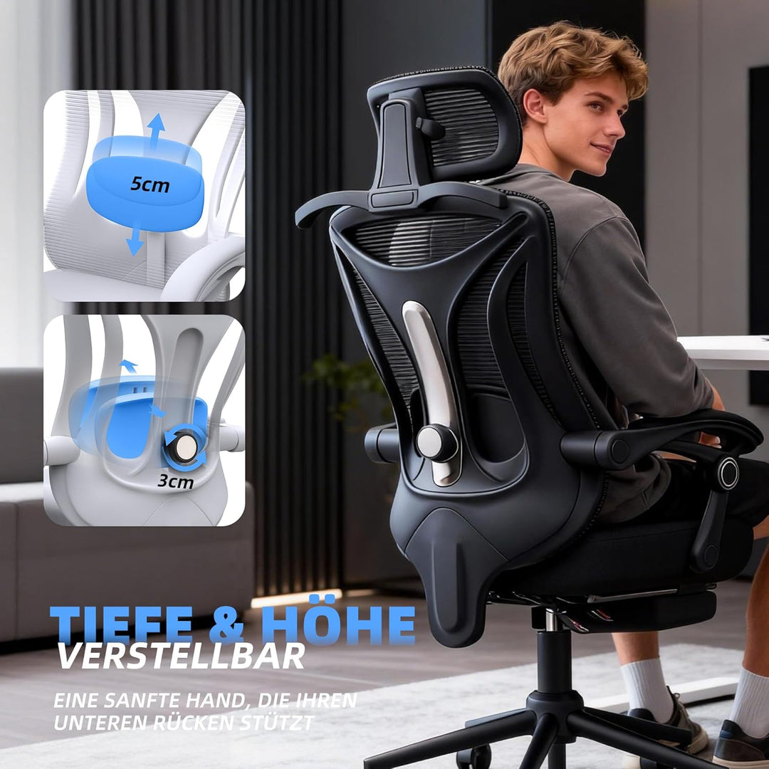 CYKOV Ergonomischer Bürostuhl mit Fussstütze, Büro Stuhl & Gaming Stuhl 150 kg+, 90-160° Verstellbar