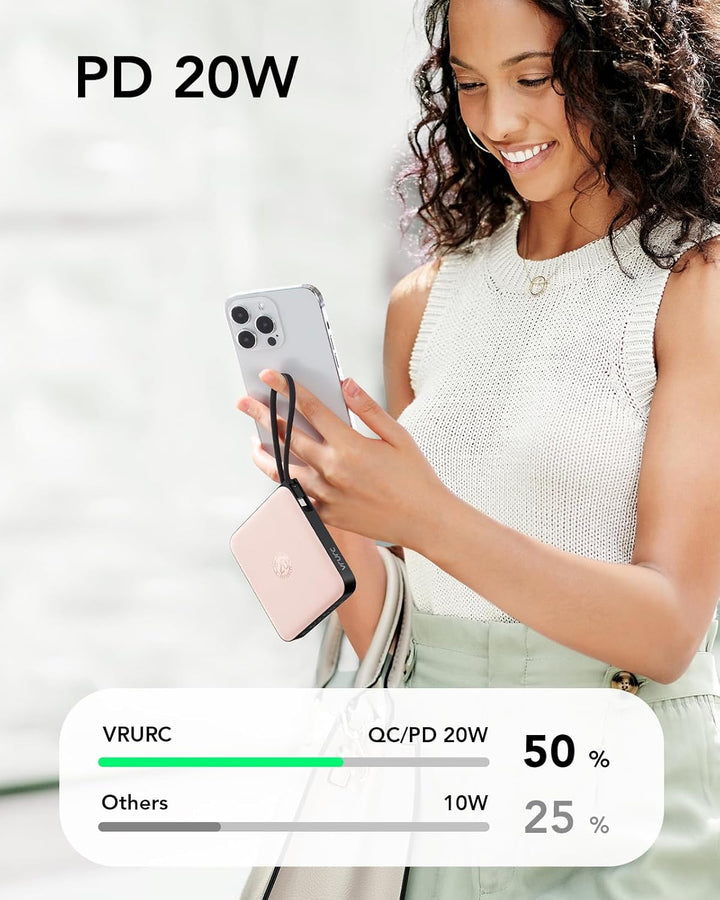 VRURC Powerbank 20000mAh mit Kabel Klein Power Bank USB C Schnelles Aufladen Tragbares Ladegerät Ext