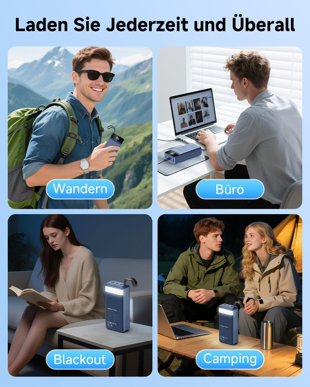 60000mAh Power Bank 22,5 W Powerbank USB-C Schnellladefunktion Externe Akku mit 4 Ausgänge und 2 Ein