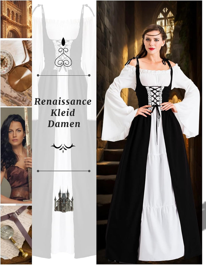 Pianocean Mittelalter Kleidung Damen, Renaissance Kleid, Gothic Kleid，Renaissance Mit Kapuze Langarm
