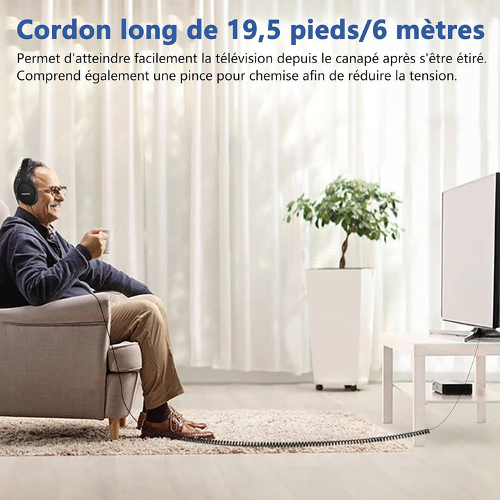 19.5 ft / 6 m extra long cable headphones for TV PC with volume control, spring spiral cable, 3.5 mm