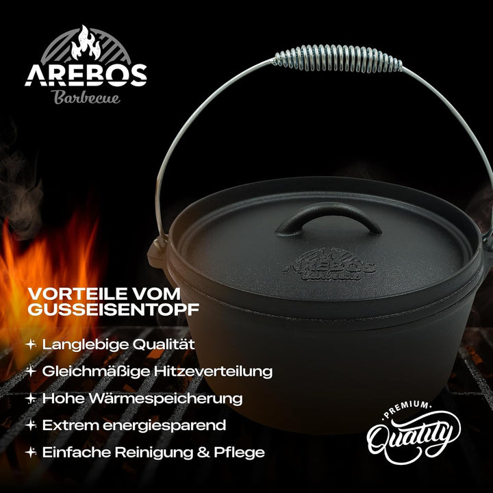 Arebos Dutch Oven Set 9-teilig | Gusseisen BBQ Set mit Grillplatte, Feuertopf, Pfanne, Deckelheber,
