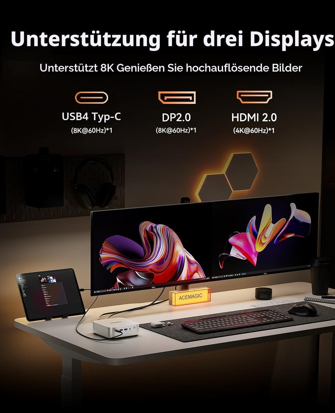 ACEMAGIC W1 Mini PC,AMD Ryzen 7 H255(8C/16T, bis zu 4,9 GHz),16GB LPDDR5 (6400MT/s) 512GB NVMe SSD M