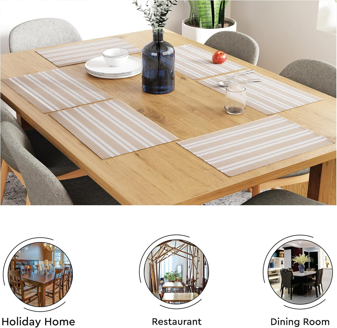Encasa XO Platzsets Esstisch Set von 6 | Franca Beige Streifen | Fein gerippte Baumwoll-Tischunterla