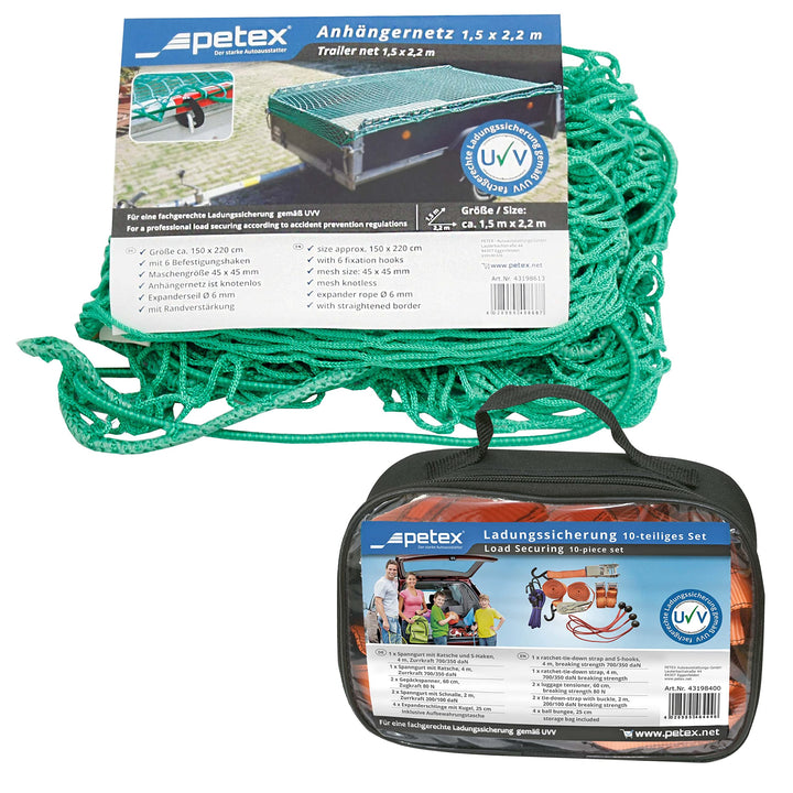 PETEX Anhängernetz 1,5 x 2,2 m, grün inkl. Ladungssicherungsset, 10-teilig, 1,5 x 2,2 m