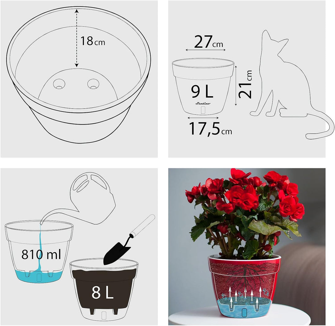 Santino ASTI 27CM Selbstwässernder Blumentopf mit Wasserstandsanzeiger - Rund Premium Qualität Innen
