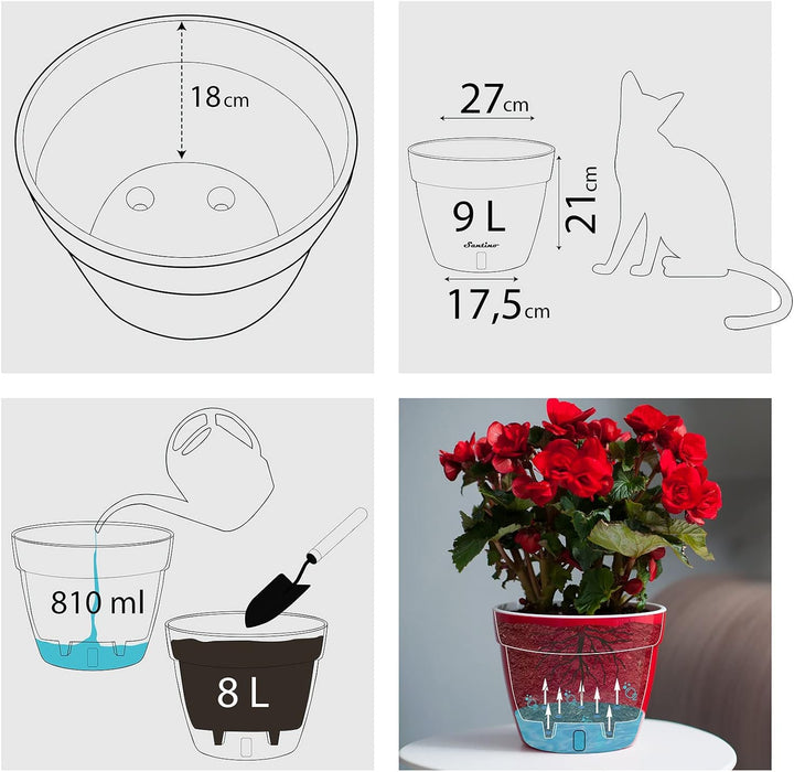 Santino ASTI 3er Set 27CM Selbstwässernder Blumentopf mit Wasserstandsanzeiger für Anlagen, Blumen,