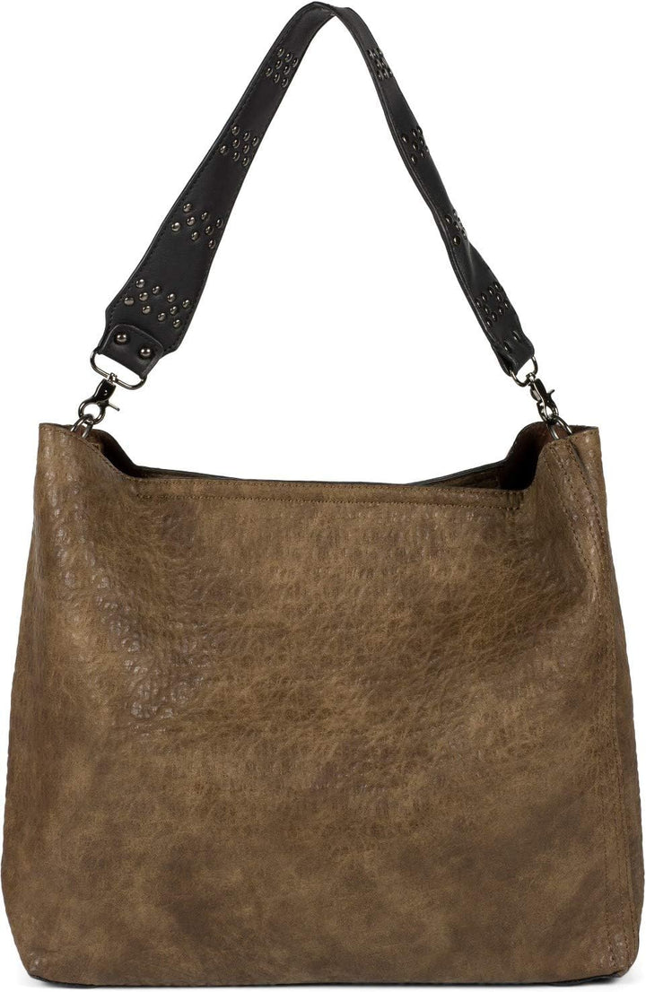 styleBREAKER Damen 2 in 1 Umhängetasche mit Nietengurt, geprägtes Kunstleder Vintage Look, Innentasc
