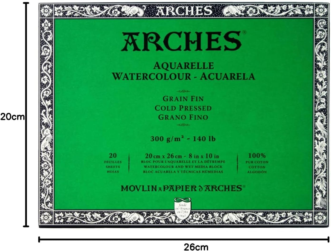 Arches 1711599 Aquarell Block, 20 Blatt Aquarellpapier in Naturweiss, 300g/m², hohe Farbechtheit, Al