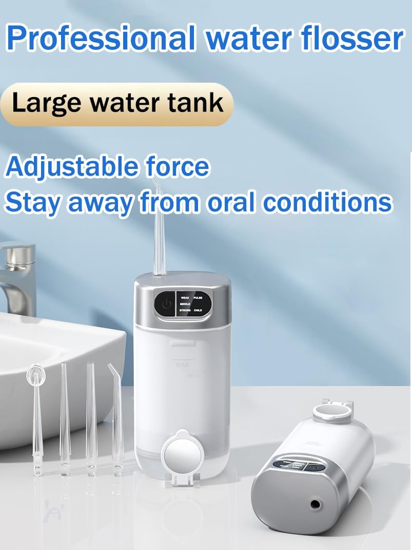 Jet Dentaire Hydropulseur Portable, 300 ML Water Flosser avec 5 Modes de Pression d'eau et 4 Embouts