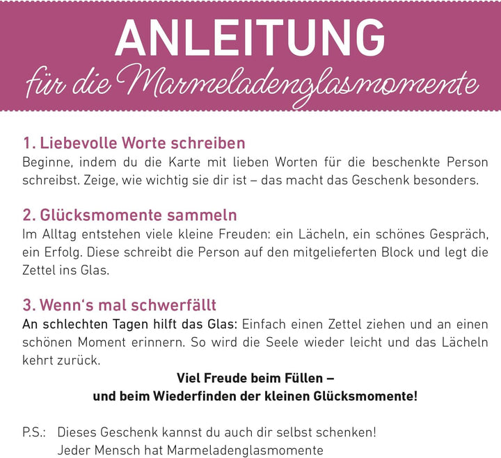 Glücks- Marmeladenglasmomente – Geschenk für Frauen, Schwester, Mitbringsel, Kleinigkeit Mit Glas, M