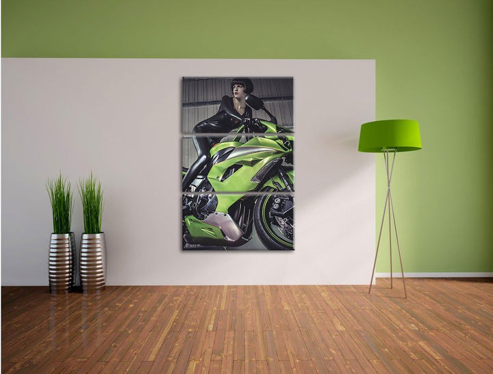 Pixxprint Sexy Neongrünes Bike mit Model 3Teiler 120x80 cm Leinwandbild Wandbild Kunstdruck