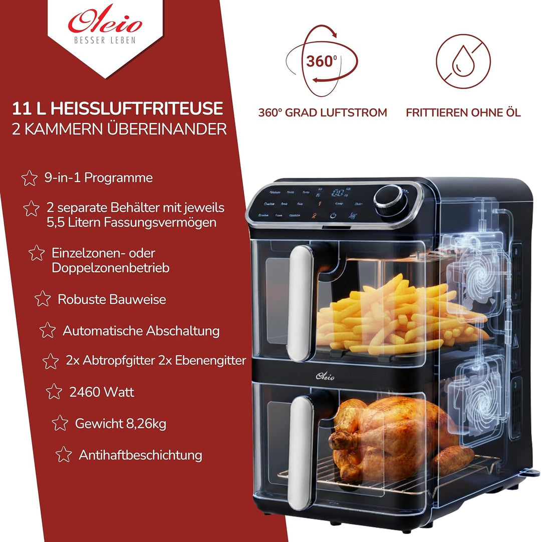 Maestro Airfryer Doppelkammer XXL Heissluftfritteuse 2 Kammern I 2460W - Heissluftfritteuse mit Glas