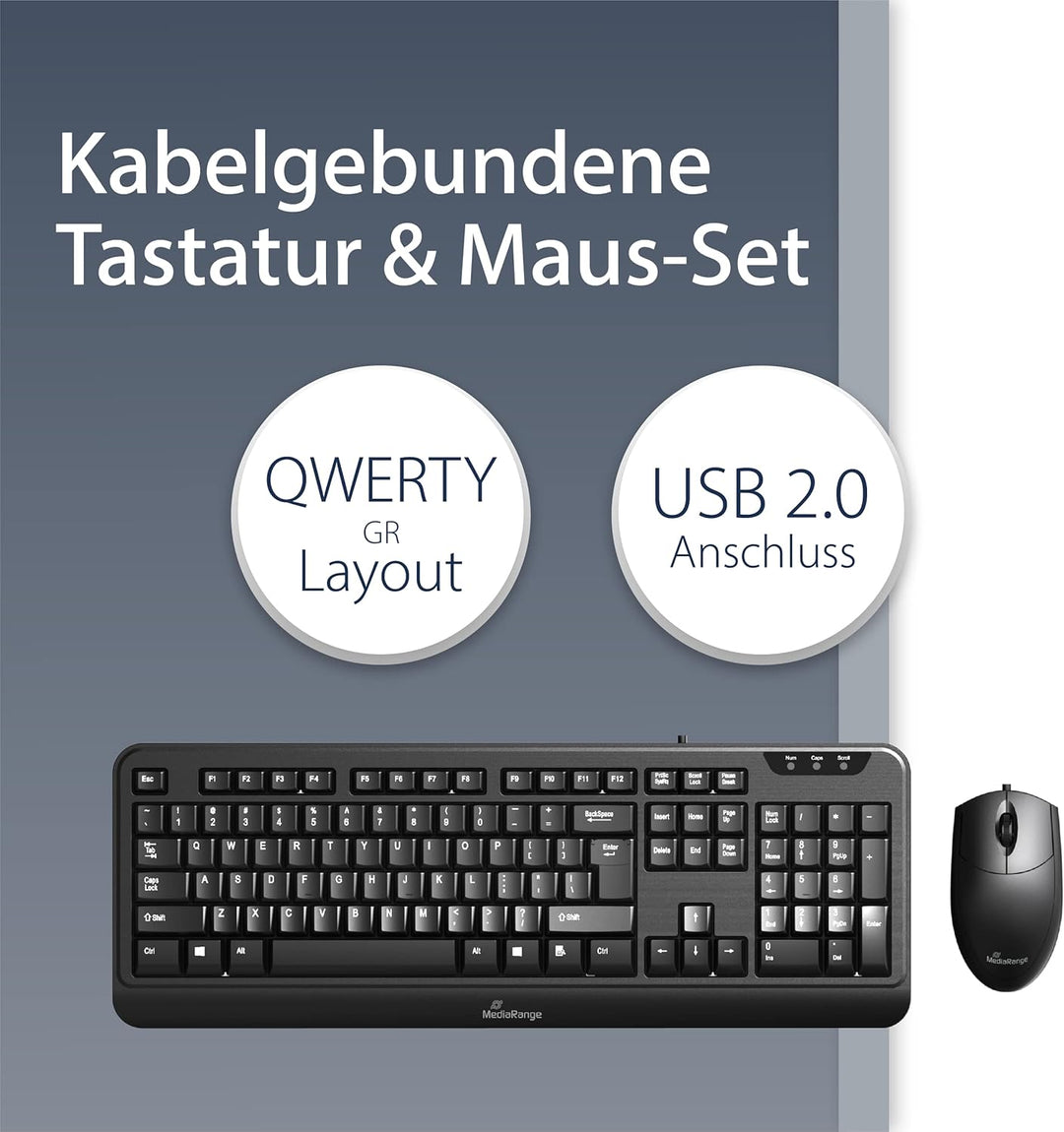 MediaRange kabelgebundenes Tastatur und optische 3 Tasten Maus Set, QWERTY (griechisch) Layout, PC T