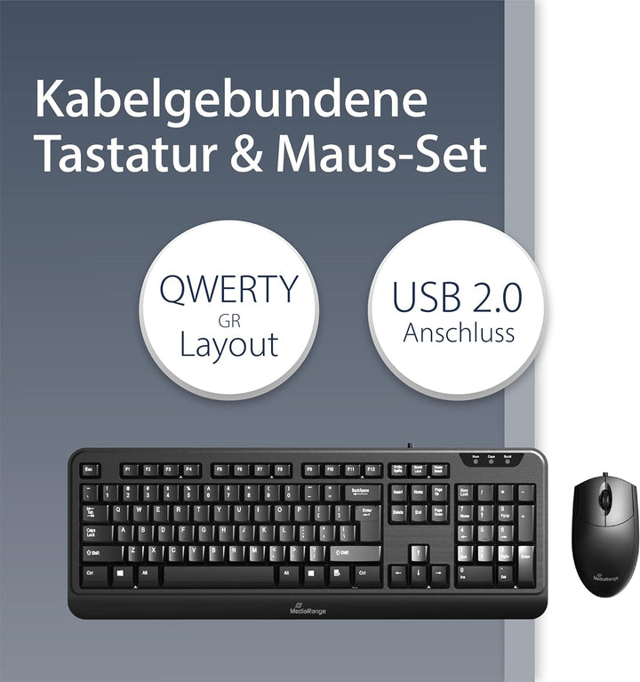 MediaRange kabelgebundenes Tastatur und optische 3 Tasten Maus Set, QWERTY (griechisch) Layout, PC T
