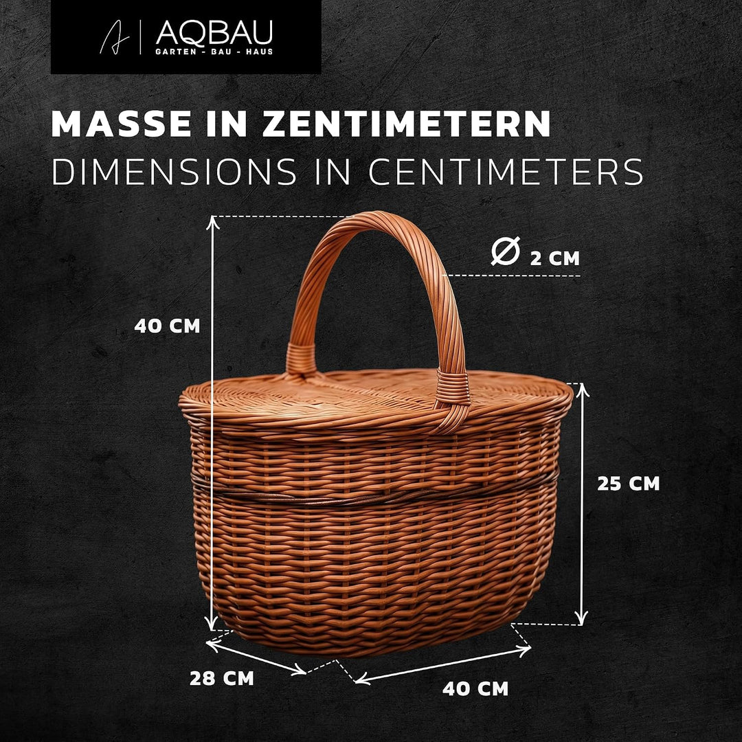 Picknickkorb mit Deckel 40 cm – Einkaufskorb Weide mit Henkel & Stoffeinlage (3 Designs) – Weidenkor