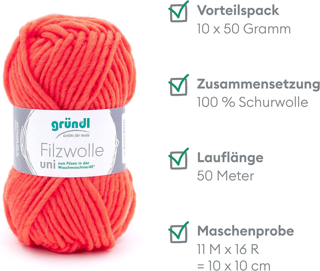Gründl Filzwolle uni (Wolle zum Filzen, Stricken und Häkeln, Garn aus 100 % Schurwolle, 50 g / 50 m,