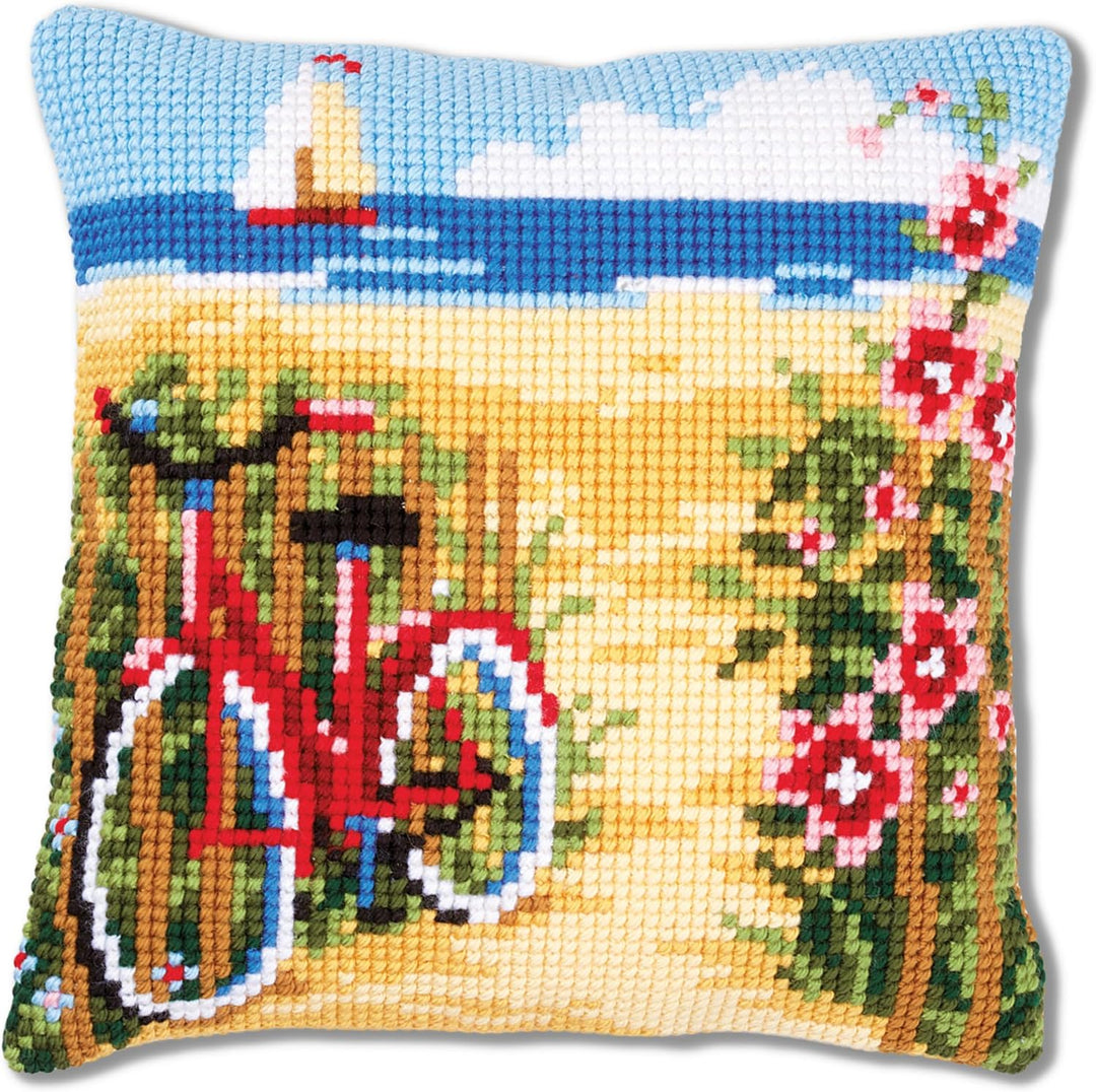 Vervaco Kreuzstichkissen Fahrrad am Strand, Stickbild vorgezeichnet Kreuzstichpackung Kissen, vorbez