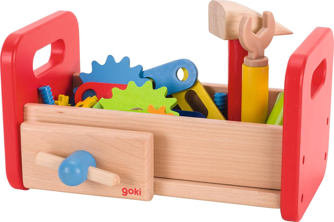 goki 58501 - Werkbank aus Holz & Kunststoff, Holzspielset für Heimwerker inkl. Hammer, Schrauben, Dr