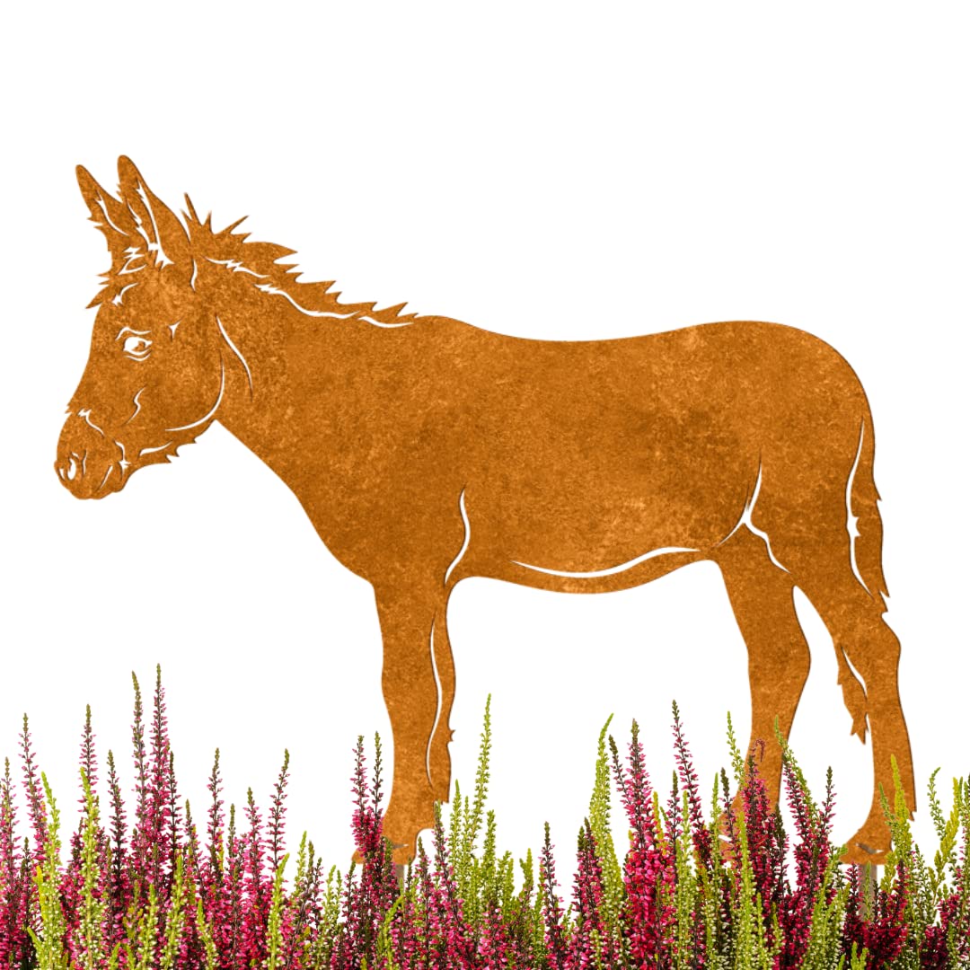 Gartenstecker Esel aus Metall – Rostfigur 45 cm hoch, 30 cm breit – Wetterfeste Edelrost Gartendeko