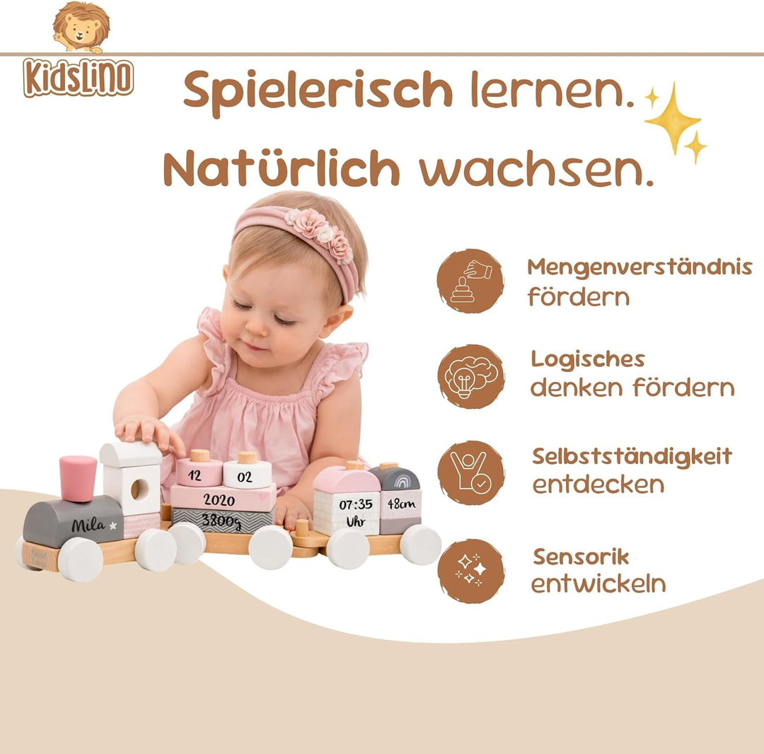 Personalisierte Holzeisenbahn rosa – Personalisierte Geschenke Baby | Steckspielzeug | Geschenk zur