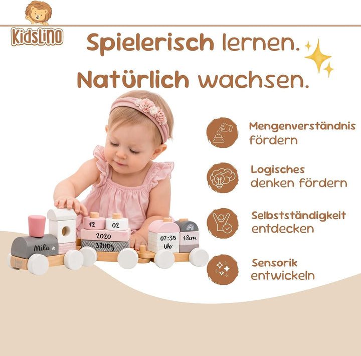 Personalisierte Holzeisenbahn rosa – Personalisierte Geschenke Baby | Steckspielzeug | Geschenk zur