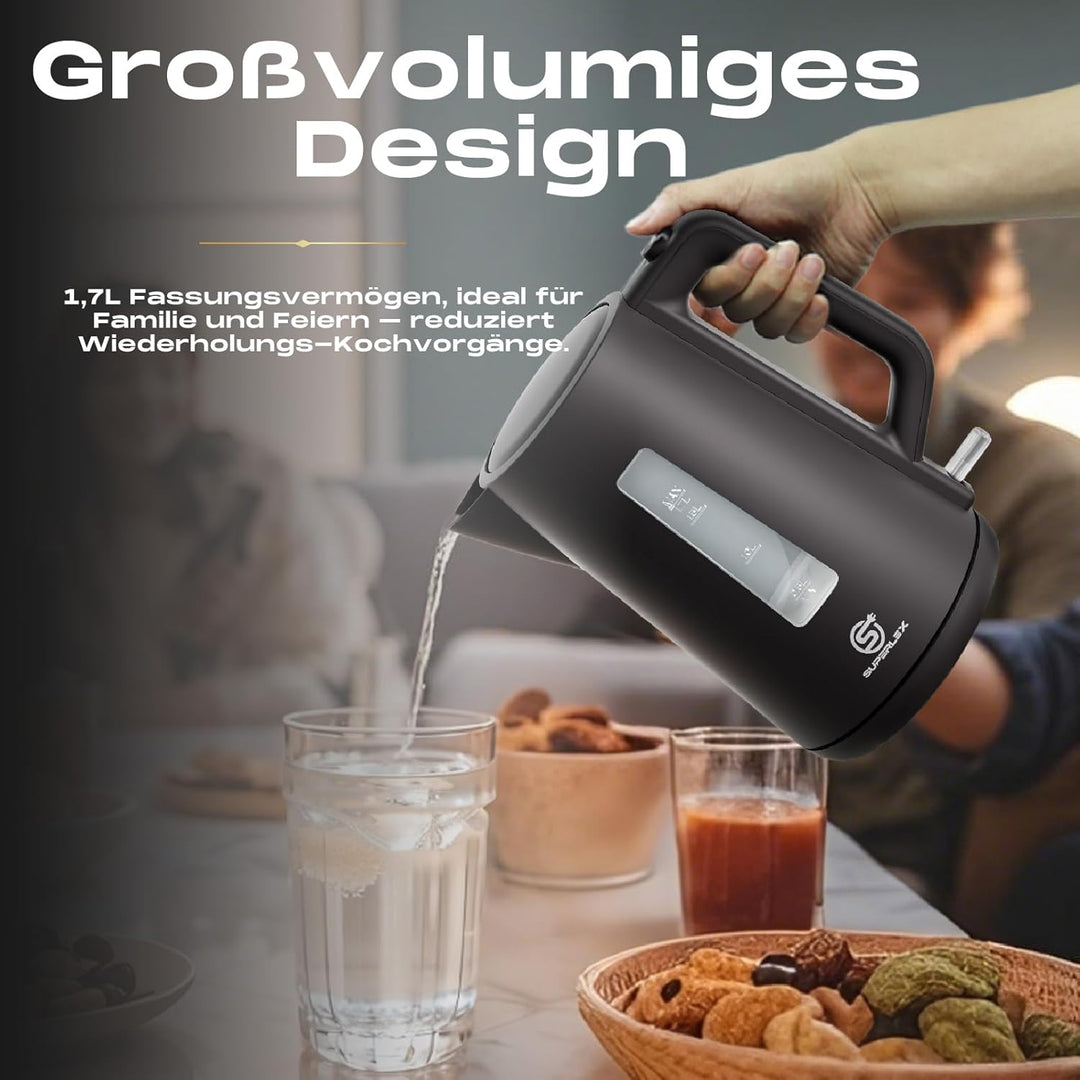 Frühstücksset Wasserkocher Toaster Set Schwarz 1,7L 2200W Mit 4 Scheiben Langschlitz Toaster 7 Bräun