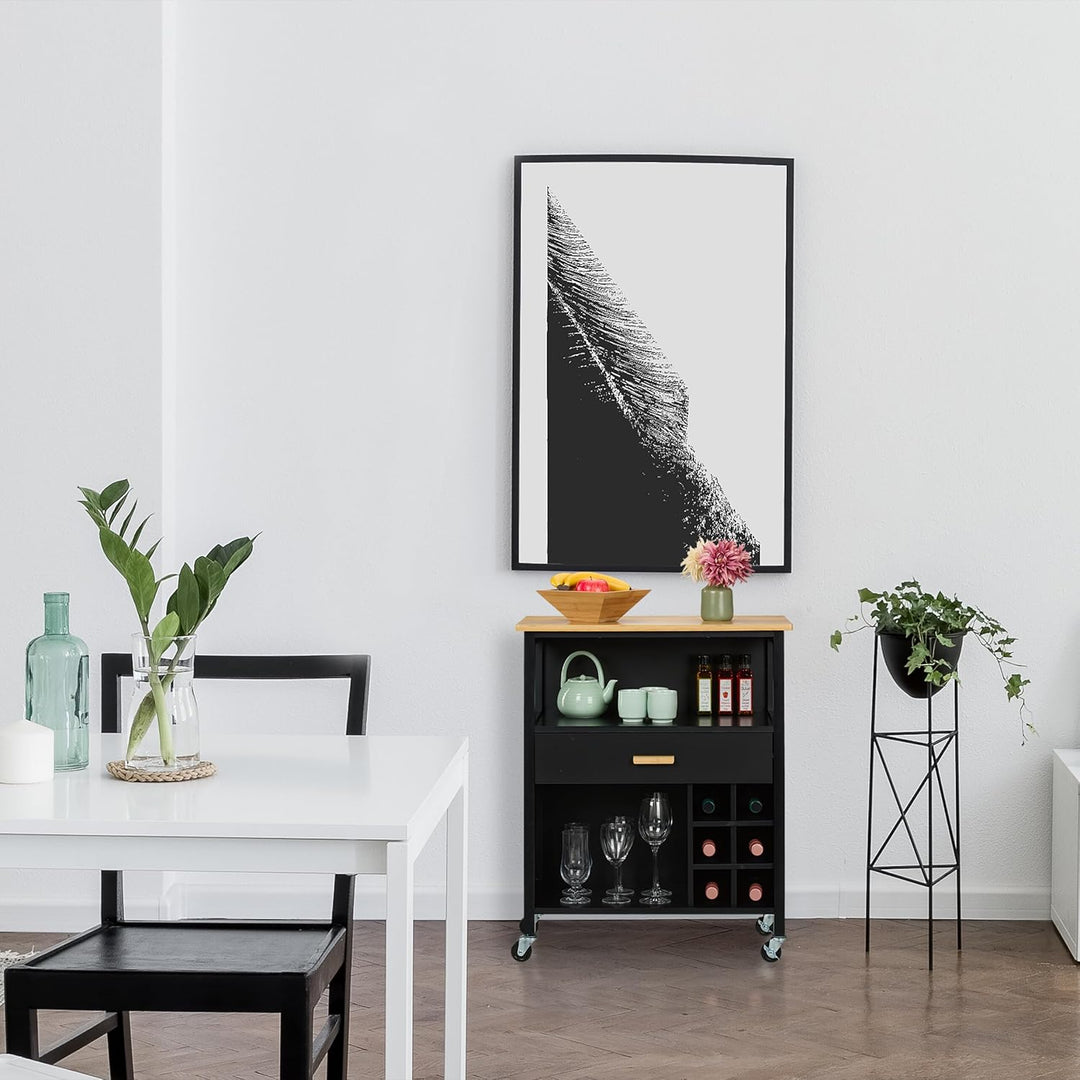 Relaxdays Küchenwagen, Weinregal 6 Flaschen, Schublade, 2 Fächer, 80x65x35 cm, Bambus Arbeitsplatte,