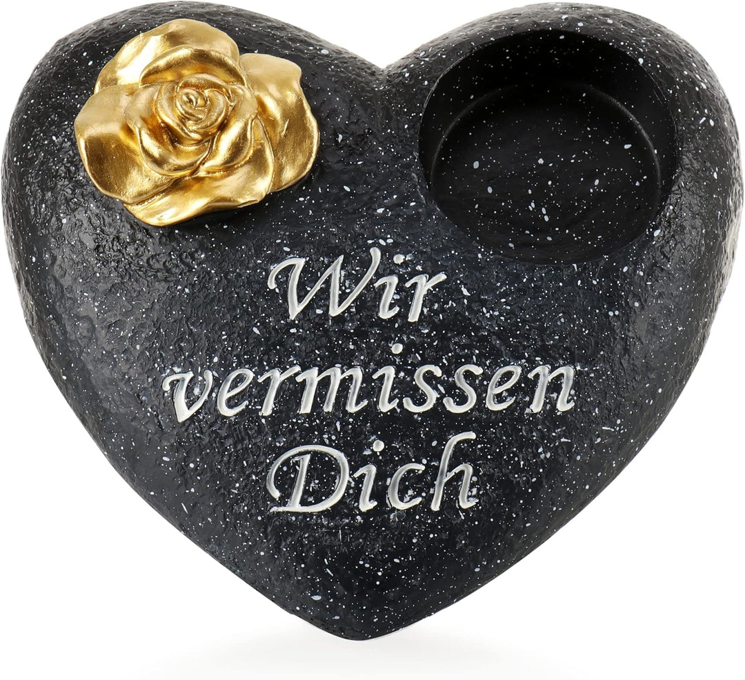 com-four® Grab-Dekoration in Herz-Form mit goldfarbener Rose - Gedenkstein mit Halter für Grabkerze