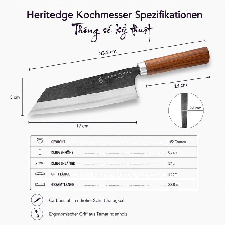 Küchenmesser - Ho Classic, 17cm Klingenlänge, Handgefertigt in Vietnam, Tamarindenholz-Griff, Scharf