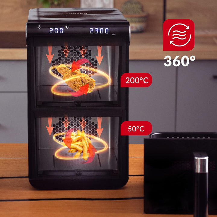 LEHMANN XXL Heissluftfritteuse 2 Kammern 11L, Airfryer Doppelkammer mit 2 vertikale Schubladen, 13 P