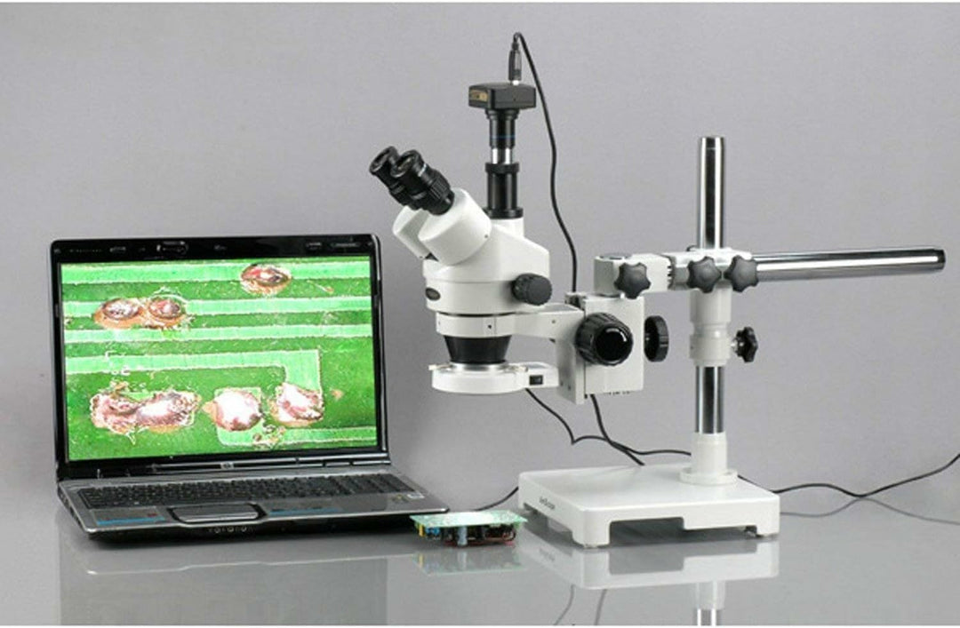 AmScope SM-3TZ-54S Boom Ständer Trinokulares Zoom Stereomikroskop mit 54 LED-Licht, 3.5X-90X, Weiss