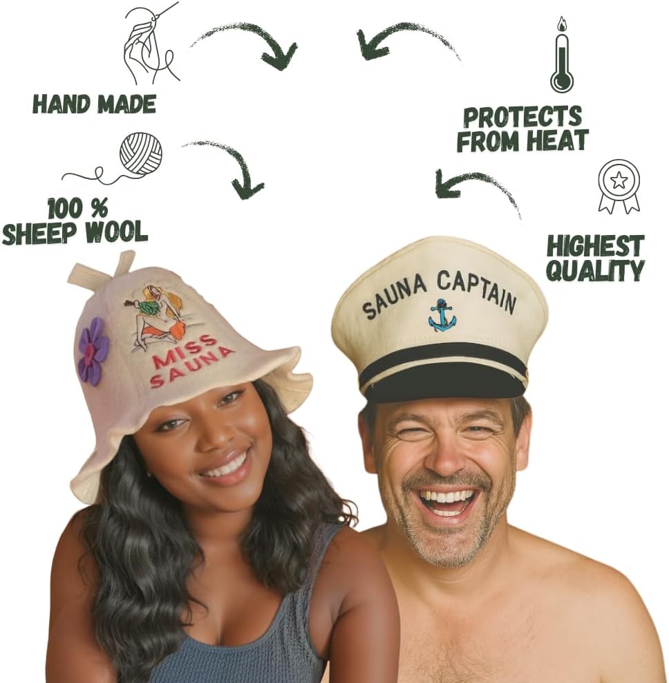 Saunahut für Damen und Herren aus Filz - Captain + Miss Sauna – Weisser Saunahut für Herren und Dame
