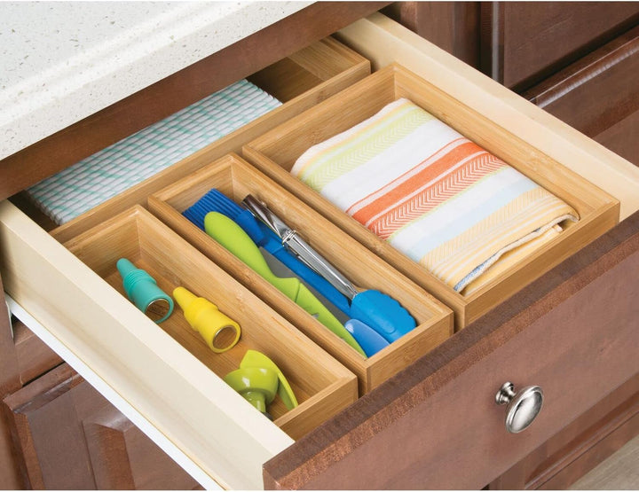 mDesign 6er-Set Aufbewahrungsbox für die Küche – grosse Schubladenbox aus Bambus – stapelbarer Schub