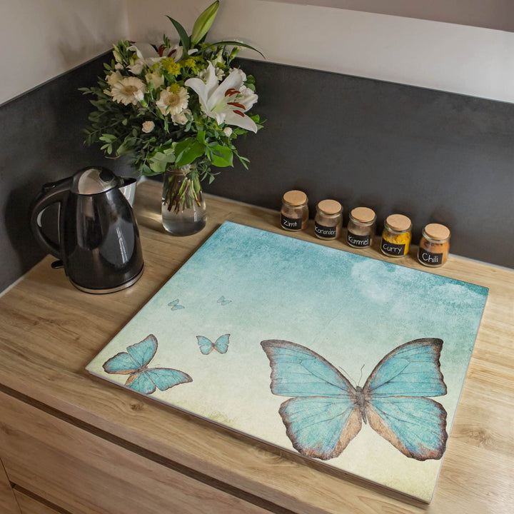 banjado® Herdabdeckplatte Glas 1-teilig 60x52 cm/Schneidebrett Herdabdeckung mit Motiv Blaue Schmett
