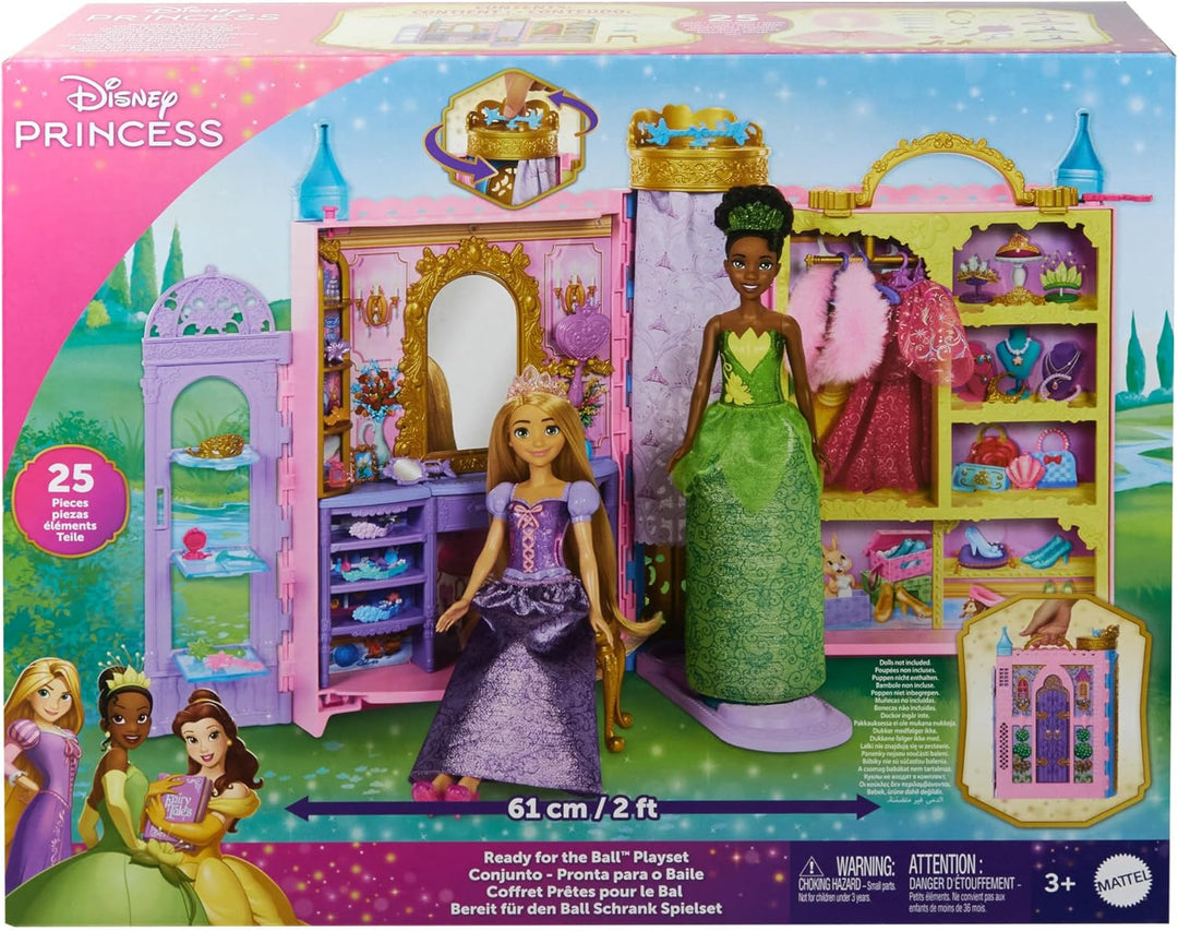 Mattel Disney Prinzessin-Schrankspielset mit 2 Kleidungsstücken, 25 Zubehörteilen, Frisiertisch, Ank