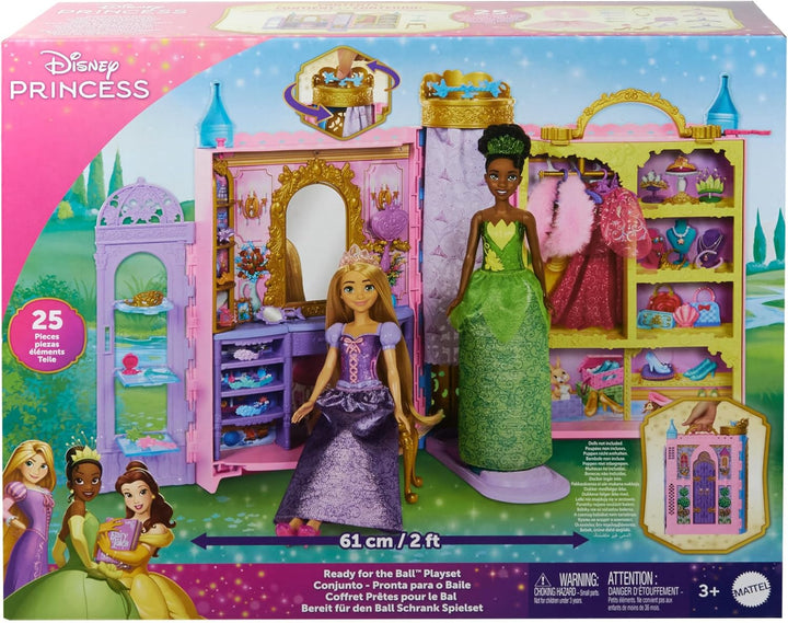 Mattel Disney Prinzessin-Schrankspielset mit 2 Kleidungsstücken, 25 Zubehörteilen, Frisiertisch, Ank