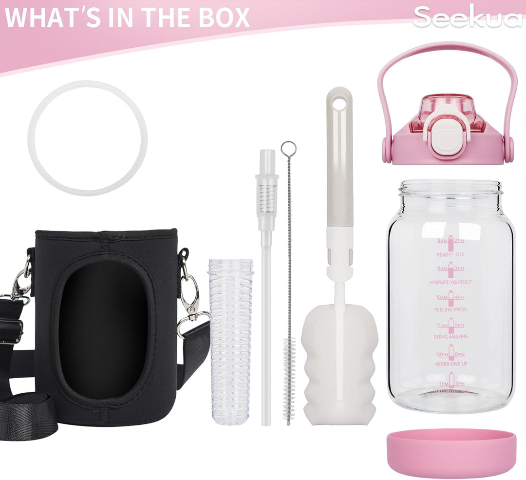 Seekua 1l Trinkflasche Glas Flasche mit Strohhalm & Zeitmarkierung, 1 liter Wasserflasche mit Frücht