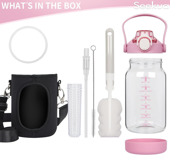 Seekua 1l Trinkflasche Glas Flasche mit Strohhalm & Zeitmarkierung, 1 liter Wasserflasche mit Frücht