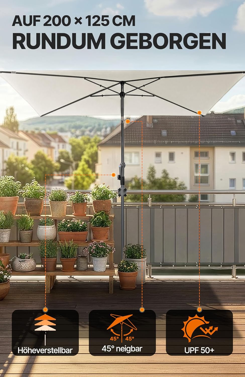 4smile Sonnenschirm Balkon mit Kurbel, Sonnenschirm rechteckig 200x125 cm, Sonnenschutz Balkon mit U