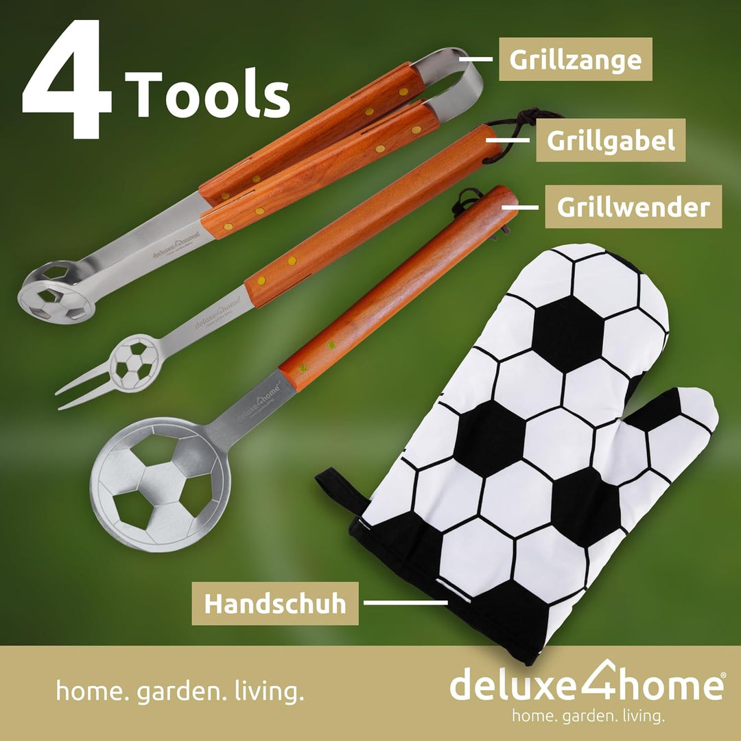 deluxe4home® Grillbesteck im Fussball-Look I Grillset inkl. Grillzange Grillwender Grillschürze Gril