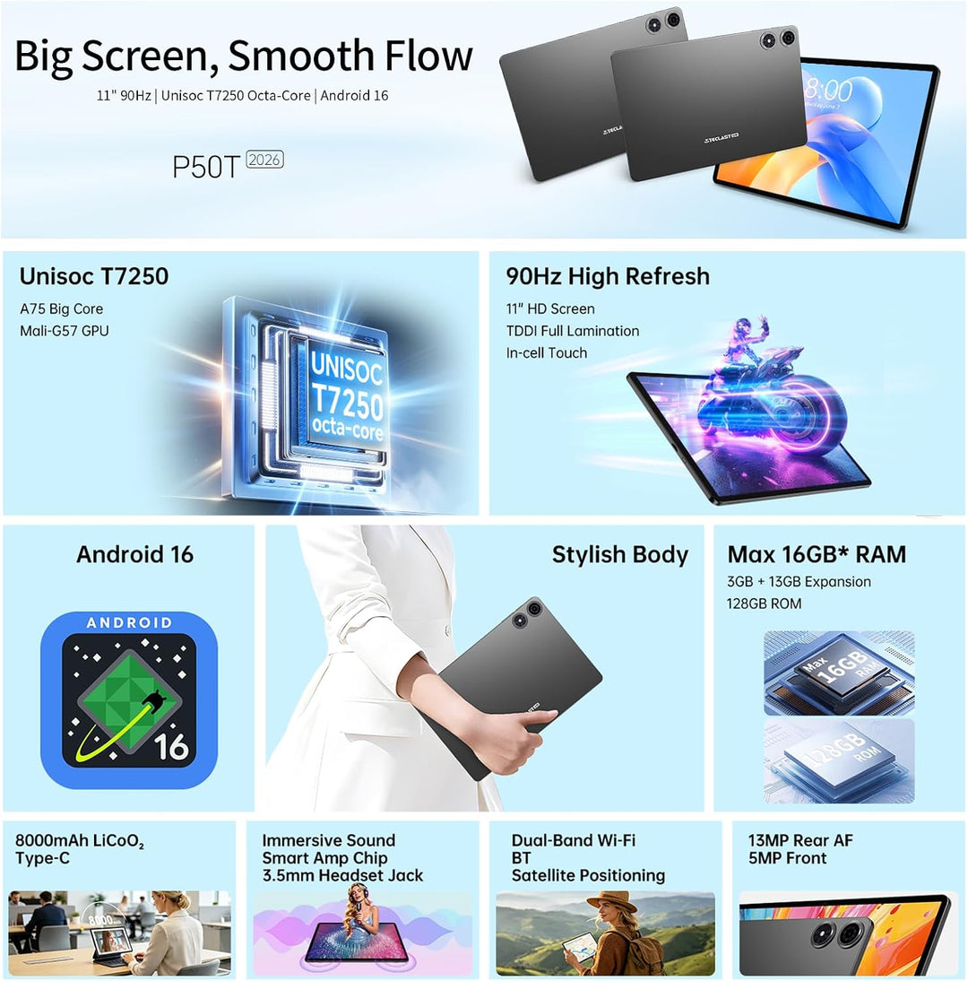 TECLAST P50T Android 16 Tablet 11 Zoll Gemini AI, 90Hz Display, T7250 Octa Core Gaming Tablets, 8000