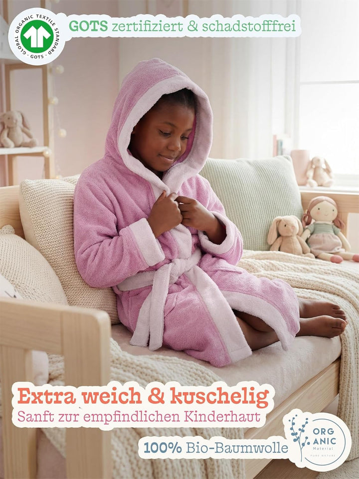 normani Kinder-Bademantel aus 100% Bio-Baumwolle mit Kapuze | Mit oder ohne Tierbestickung 170-176 R