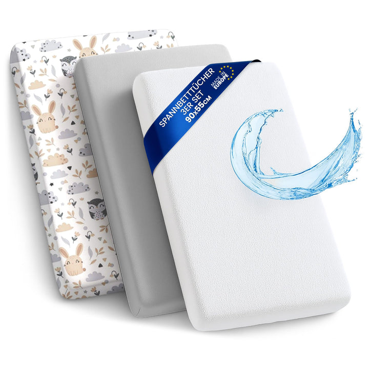 Spannbettlaken Kinderwagen stubenwagen für Babybett 3er Set: 90 x 55 cm - 2X Bezug mit 1x Wasserdich