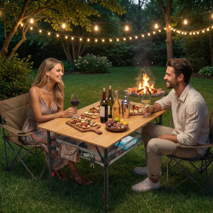 Campingtisch klappbar Bambus, stufenlos höhenverstellbar 47–65 cm, faltbarer Campingtisch mit Alumin